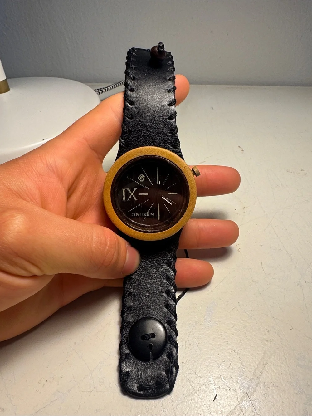 Black Leather Smartwatch with Wooden Bezel - Unbranded